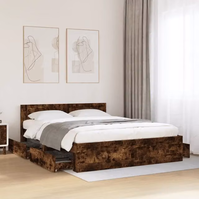 Giroletto con Testiera-Struttura Letto con testiera Rovere Fumo 160x200 cm Legno Multistrato 644507