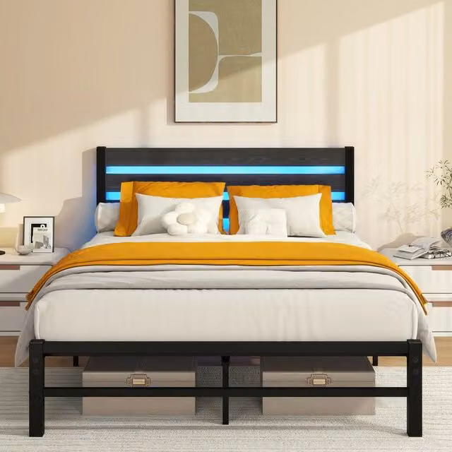 Struttura letto Minimal in metallo nero con testiera, illuminazione LED sottostante e porta di ricarica USB, L/P/H: 140 x 200 x 96 cm – 1