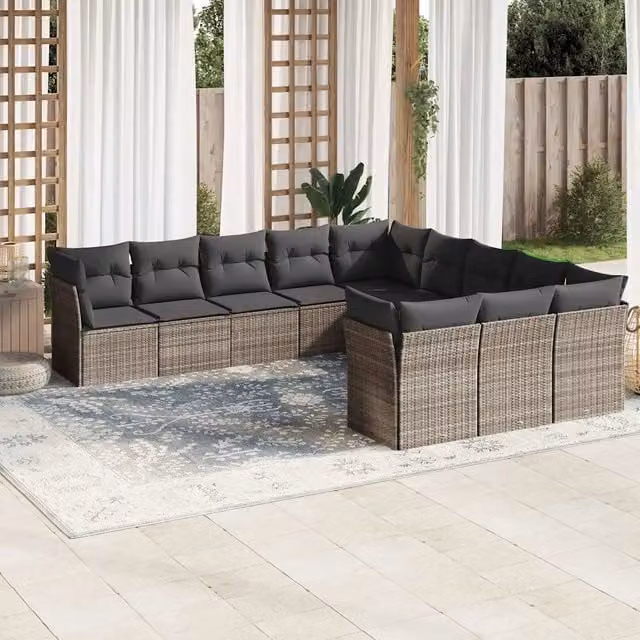 vidaXL Set Divani da Giardino 11 pz in Polyrattan Grigio con Cuscini Imbottiti e Rivestimenti Rimovibili