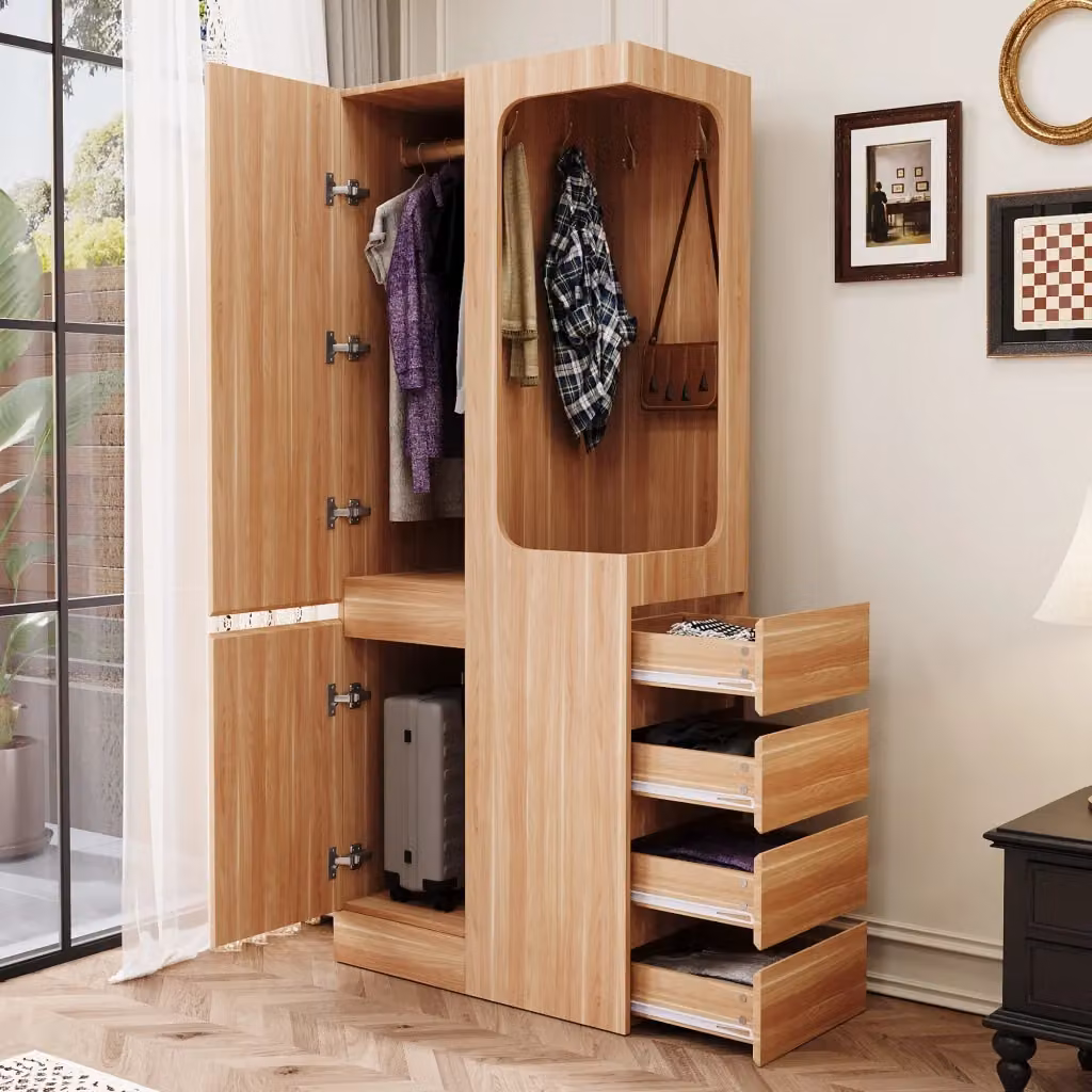 Armadio moderno con 1 porta, 4 cassetti e vano appendiabiti, bianco e legno, L: 70 cm, P: 40 cm, H: 170 cm – 2