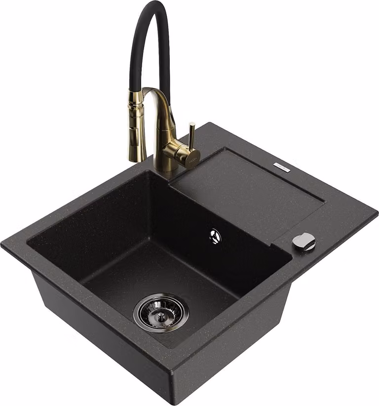 Mexen Enzo lavello in granito con 1 vasca e scolapiatti e rubinetto da cucina Aster, nero/oro metallizzato - 6506-75-73450-57-B