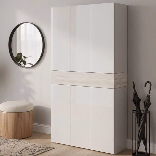 Scarpiera Charoite DMORA, armadio multifunzione da ingresso con 7 ante, Bianco effetto larice, L: 114 cm, P: 35 cm, H: 200 cm – 1