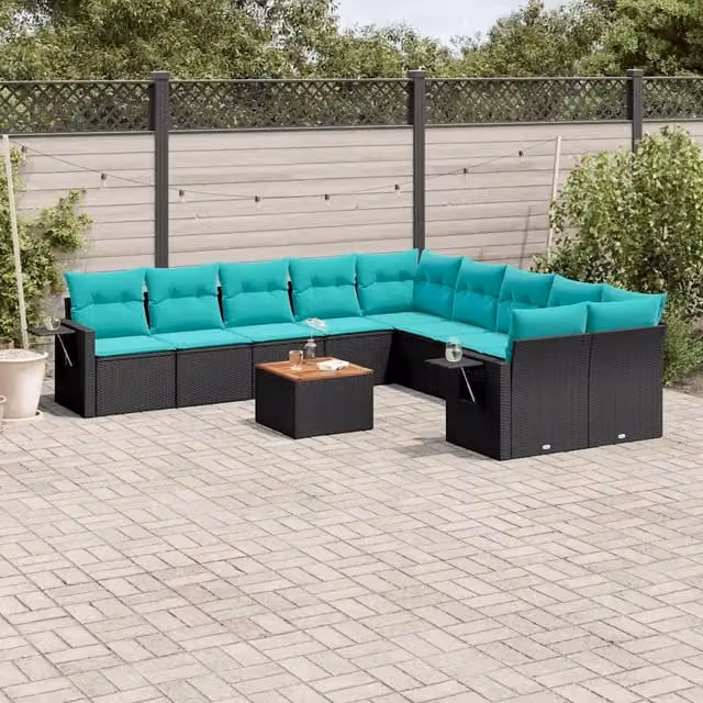 Set Divani da Giardino 11 pz con Cuscini Nero in Polyrattan 3224755
