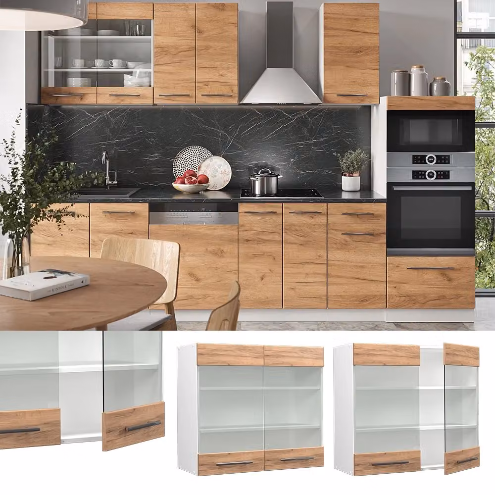 Pensile da cucina Vicco Fame-Line con ante in vetro, Rovere dorato e Bianco, L: 80 cm – 2