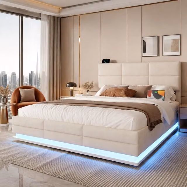 Letto matrimoniale 140x200 cm in velluto beige con LED; USB; testiera regolabile e contenitore