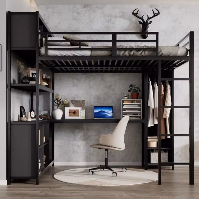 Letto a soppalco 140x200 cm con scrivania, armadio integrato e spazio contenitore, struttura in ferro e pannello truciolare, nero