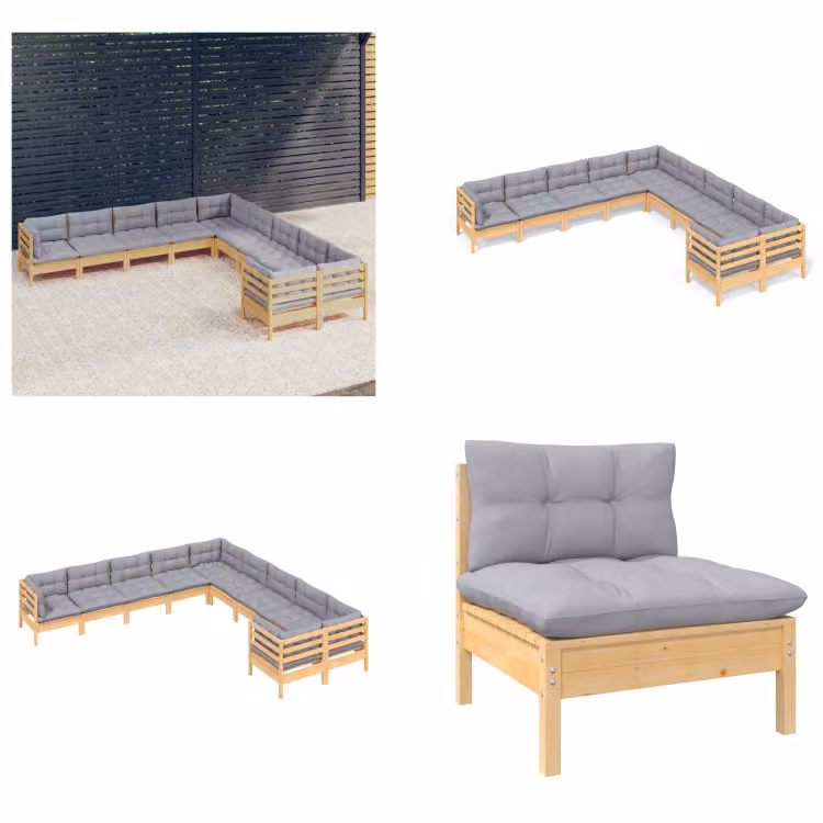 vidaXL Set salotto da giardino 10 pezzi con cuscini grigi in legno di pino - Set salotto da giardino - Set salotto da giardino - Set mobili da giardino - Set mobili da giardino