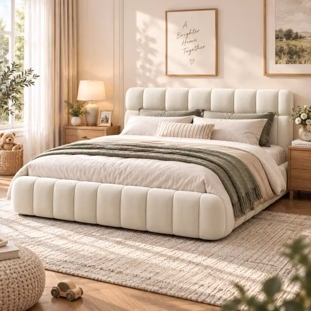 Letto Matrimoniale Imbottito 160 x 200 cm, Letto Imbottito, Rete a Doghe e Testiera Imbottita, Stile Bubble Velvet, Senza Materasso, Beige