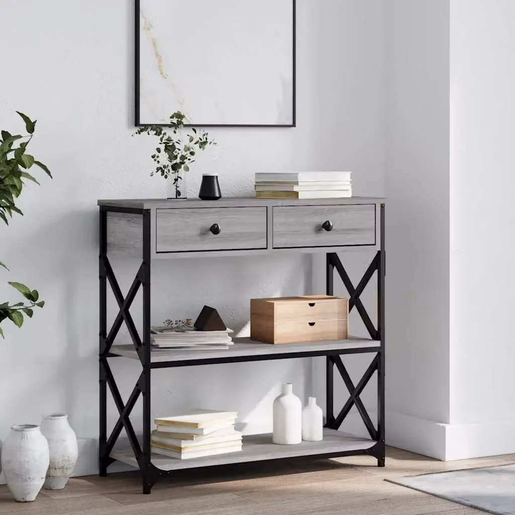 Tavolino Consolle Design Industrial in Legno e Metallo Grigio L: 75 cm, P: 28 cm, H: 75 cm – 2