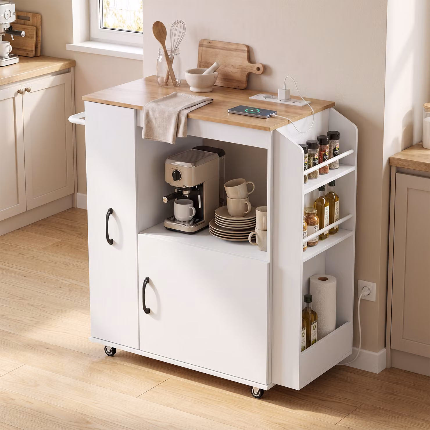 Carrello da cucina HOMCOM con presa di corrente, mobile moderno con ruote in MDF bianco opaco – 2