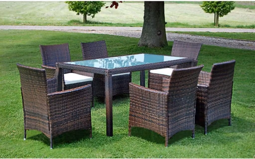 The Living Store Set da pranzo da giardino 7 pezzi con cuscini in poly rattan marrone