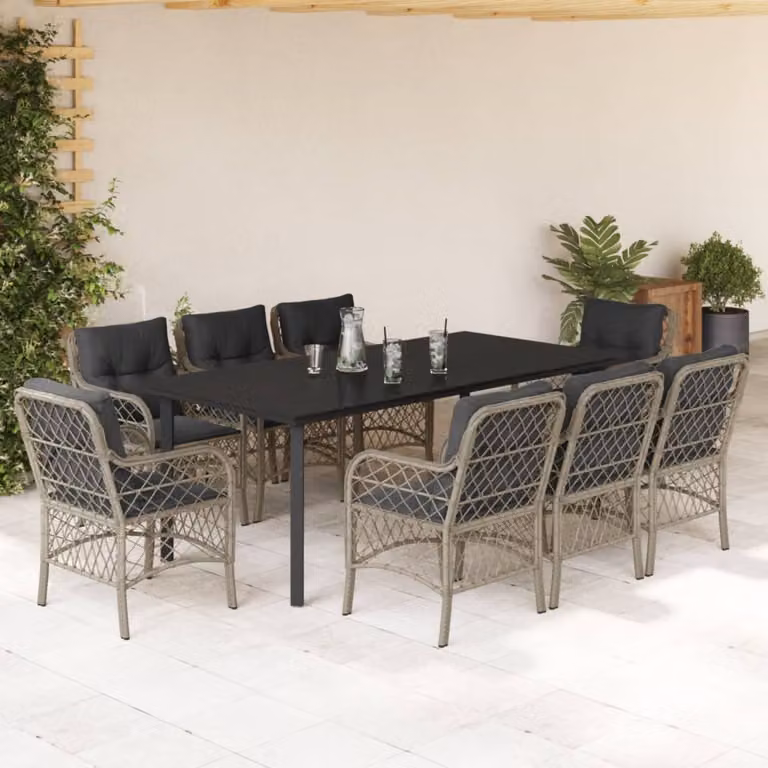 Set Pranzo da Giardino vidaXL in Polyrattan con Cuscini e Piano in Vetro, 9 Pezzi, Grigio Antracite