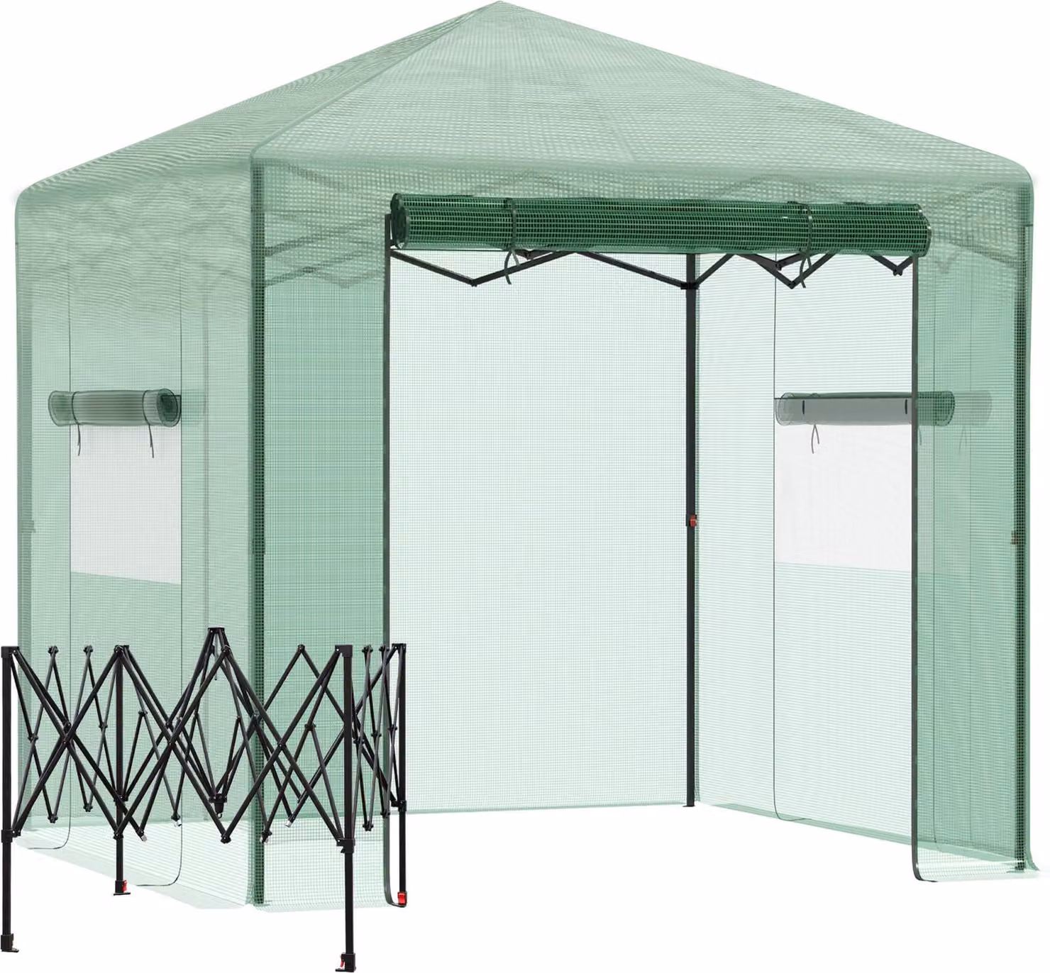 Serra Moonbite, dimensioni 238x178x240 cm, ad accesso facilitato, dotata di porta a rullo e 2 finestre a rete, copertura impermeabile in polietilene (PE), struttura in acciaio, colore verde scuro