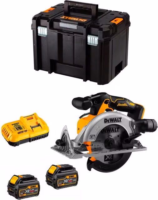 Sega Circolare DeWalt DCS565T2 Gialla con 2 Batterie 54V/18V 6,0 Ah, Caricabatterie DCB116 e Contenitore TSTAK VI