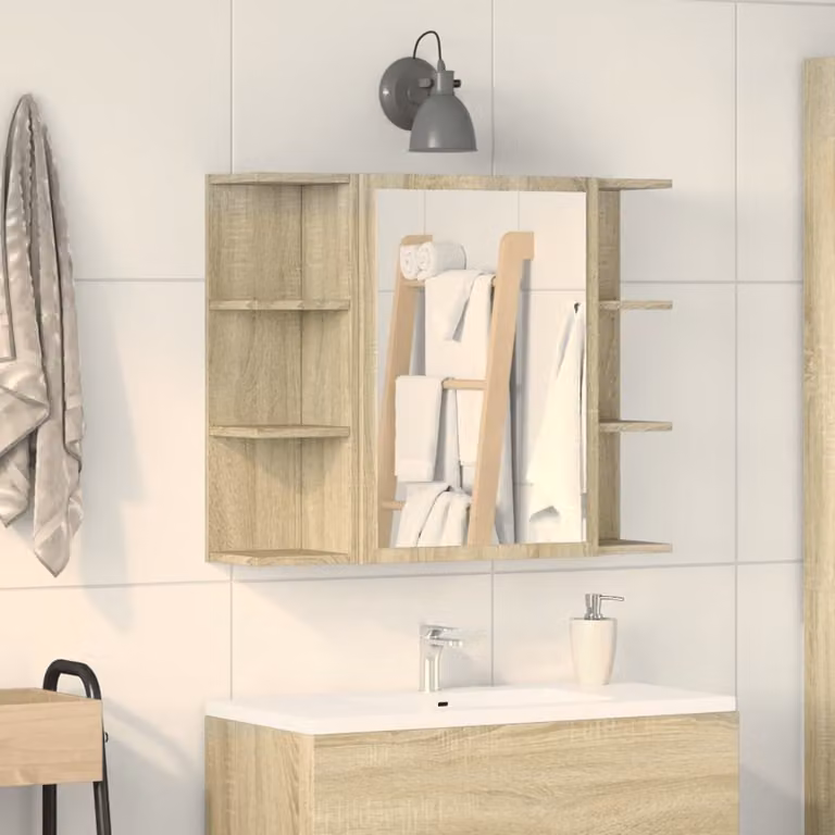 Mobile bagno con specchio vidaXL in rovere sonoma, L: 80 cm, P: 20,5 cm, H: 64 cm