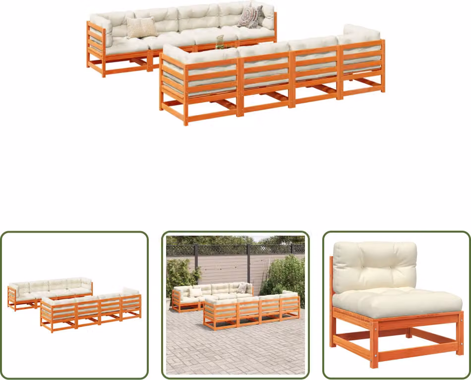 The Living Store Set di divani da giardino 9 pezzi con cuscini in legno di pino marrone cera