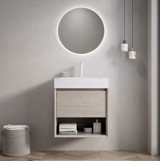 Mobile bagno con lavabo integrato in resina; cassetto soft-close e ripiano aperto; rovere chiaro e bianco