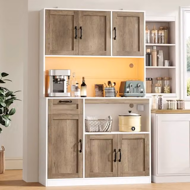 Armadio da cucina alto 110x40x180 cm, 6 ante e 1 cassetto, con illuminazione LED e prese elettriche, vetrina per soggiorno e sala da pranzo