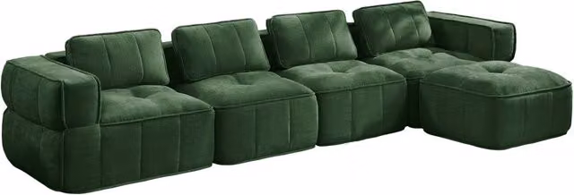 Divano angolare modulare 4 posti con pouf seduta profonda e braccioli ampi in poliestere verde per soggiorno moderno
