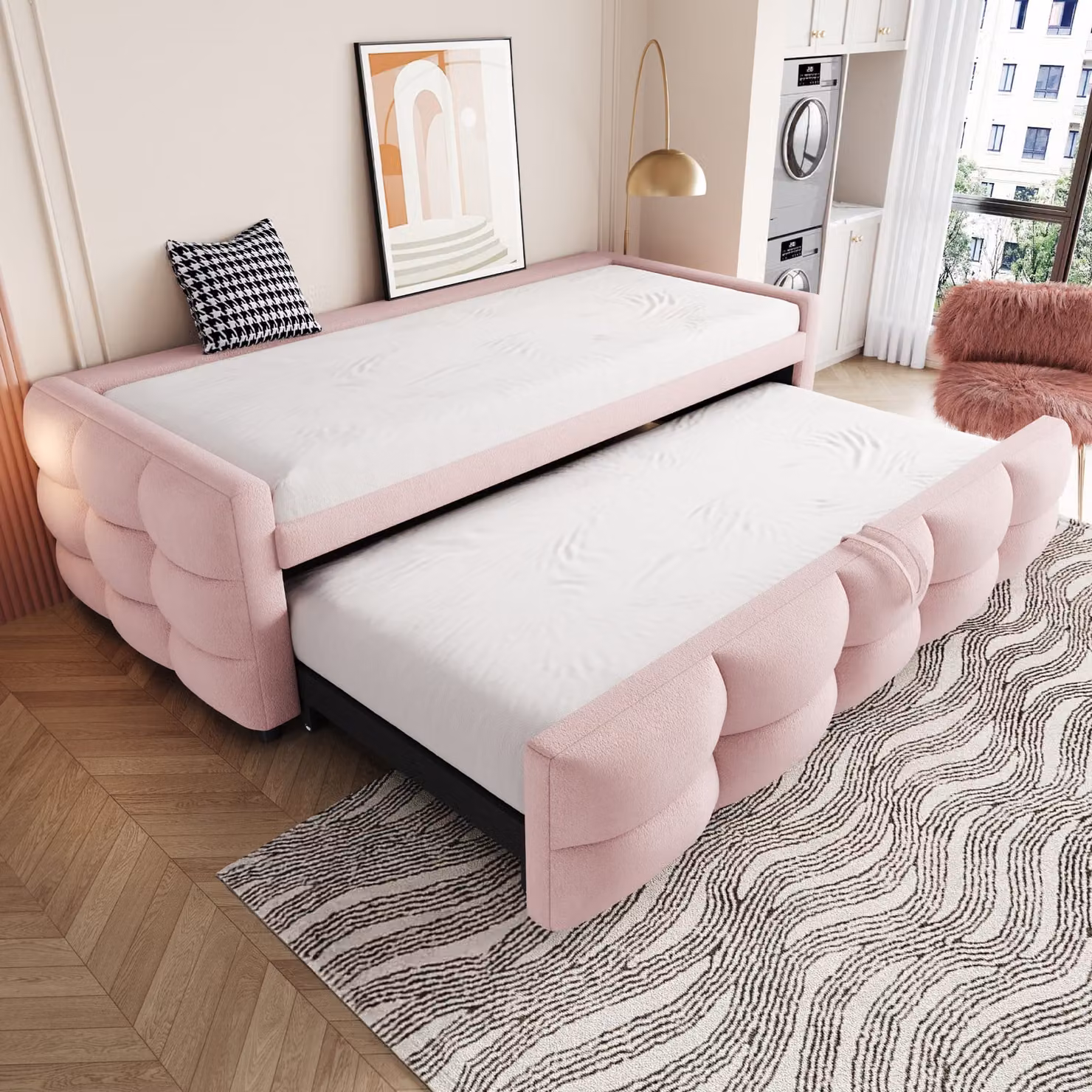 Abrihome Divano letto imbottito 90/180x190cm con letto estraibile, letto matrimoniale con rete a doghe, rosa
