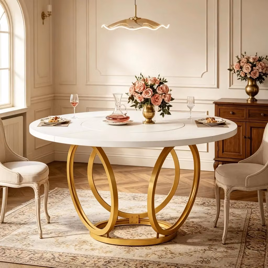 Tavolo da pranzo rotondo FOLYNA per 4-6 persone con base in metallo e piano in MDF bianco e oro, Diametro: 120 cm – 2