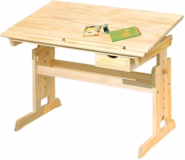 Scrivania regolabile in altezza Julia Inter Link in pino massello finitura naturale L: 109 cm, P: 55 cm, H: 63/96 cm