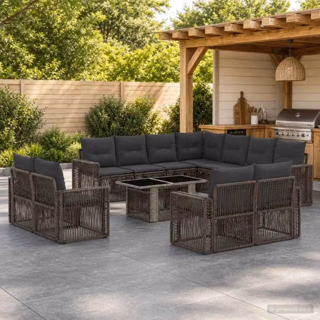 Set Divano da Giardino vidaXL a Forma a U in Polyrattan Grigio e Antracite con Cuscini e Tavolino – 1