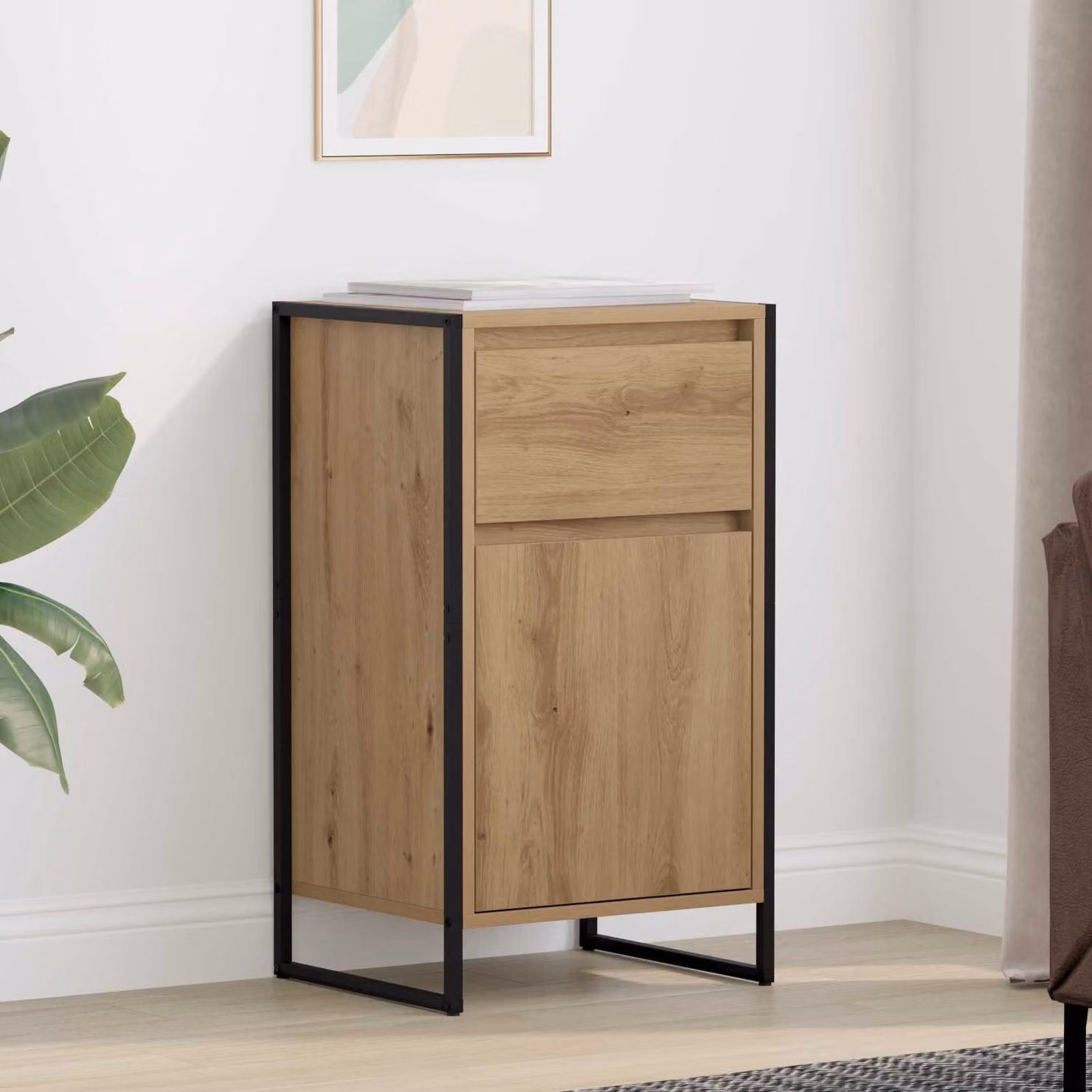 Credenza in stile industriale vidaXL in legno e metallo color rovere, L: 43 cm, P: 36 cm, H: 75,5 cm
