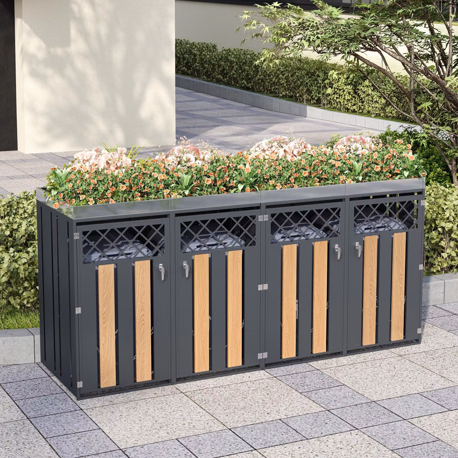 Box per 4 bidoni standard chiudibile a chiave con fioriera integrata GL Store, L: 264 cm, P: 80 cm, H: 124,5 cm, Grigio e Colore naturale – 2