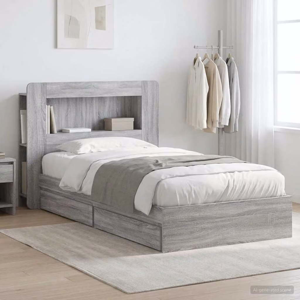 vidaXL Telaio letto con contenitore in legno ingegnerizzato grigio L: 190 cm, P: 140 cm, H: 93,5 cm