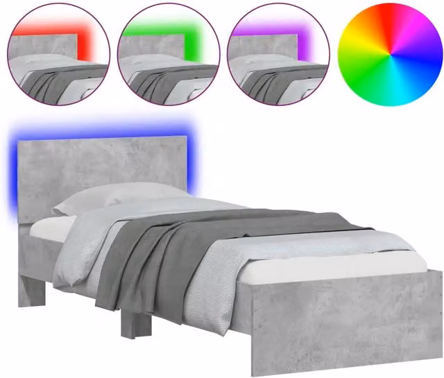 Letto singolo moderno DESIGN IN con testiera imbottita, illuminazione LED sottostante e porta di ricarica USB, Grigio, L: 90 cm, P: 200 cm, H: 95 cm
