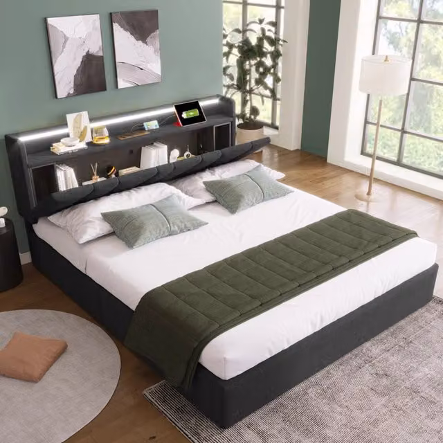 Letto matrimoniale contenitore moderno in tessuto grigio con illuminazione LED RGBW, porte USB e ripiani integrati L/P/H: 140 x 200 x 157,5 cm