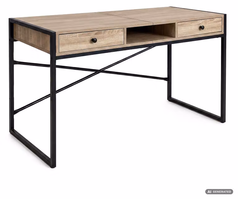 Scrivania industriale per computer Rovere Sonoma ELONIS 123 cm 2 cassetti 1 ripiano gambe nere