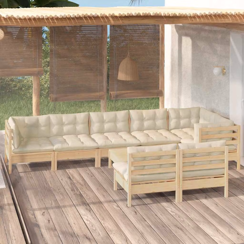 Set Divani da Giardino vidaXL 9 pz in Legno di Pino con Cuscini Beige e Forma a L