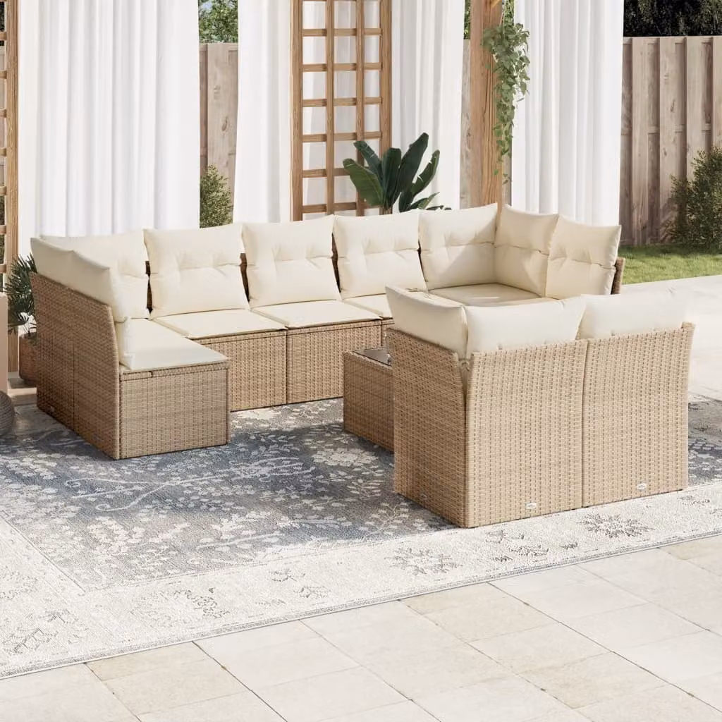 vidaXL Set Divano da Giardino 10 pz con Cuscini Beige e Tavolino in Polyrattan e Metallo