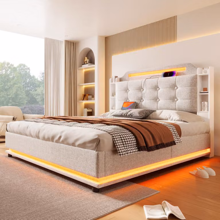 Letto imbottito 140×200 cm beige con LED, contenitore e USB/Type-C, senza materasso