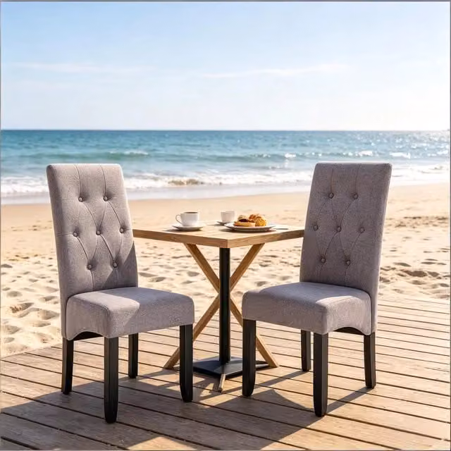 Chaise da sala da pranzo set 2 pezzi senza braccioli in lino con schienale alto e gambe in legno massello grigio chiaro
