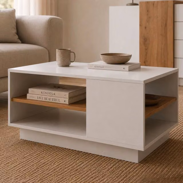 Tavolino da salotto Karada DMORA con 2 vani, L/P/H: 100 x 46 x 60 cm, Bianco e Rovere – 1