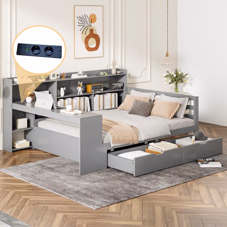 Divano letto STILVORA 140×200 cm con contenitore, letto per ragazzi con mensole, presa elettrica e scrivania, letto per bambini in legno, grigio (con materasso)