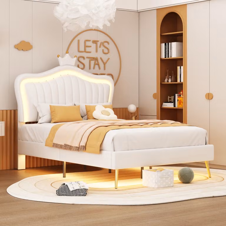 okwish Letto imbottito 90x200 con materasso, letto per bambini con illuminazione a LED, letto singolo con testata e materasso regolabili in altezza, con testata a forma di , bianco