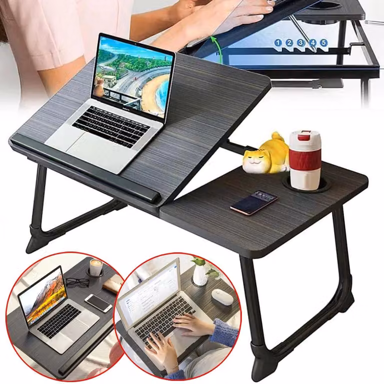 Tavolino pieghevole per laptop – vassoio per letto e divano – supporto per laptop – portabicchieri – barra laterale – struttura in metallo – altezza 25 cm