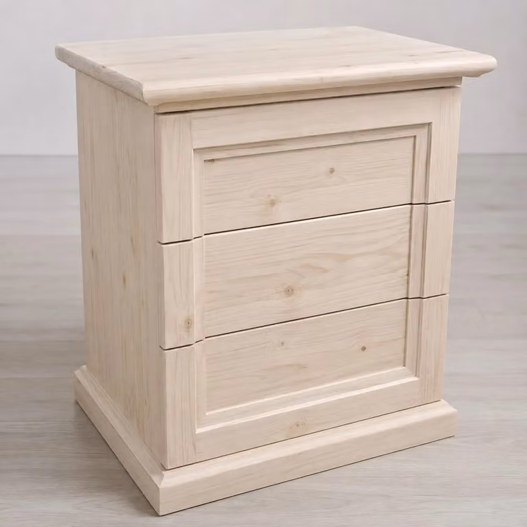 Comodino classico con 3 cassetti in legno massello di abete grezzo Mobili 2G L: 55 cm, P: 39 cm, H: 64 cm