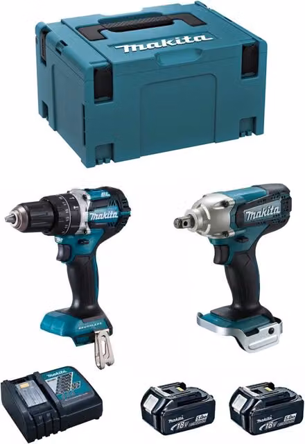 Kit Makita MK220RTJ con Trapano Avvitatore DHP484, Avvitatore a Impatto DTW190, 2 Batterie da 5,0 Ah e Caricabatterie DC18RC con Sistema di Trasporto MAKPAC 3