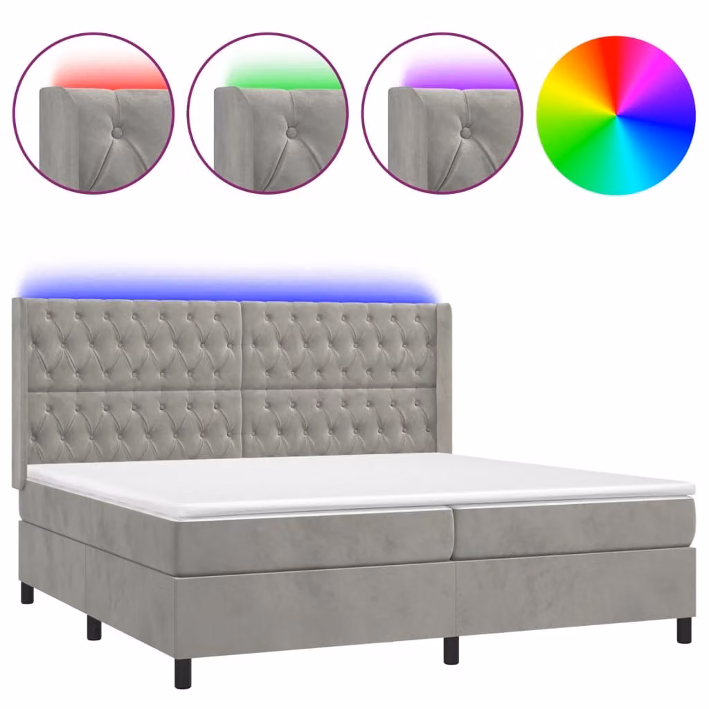 Letto a Molle Materasso e LED Grigio Chiaro 200x200 cm Velluto