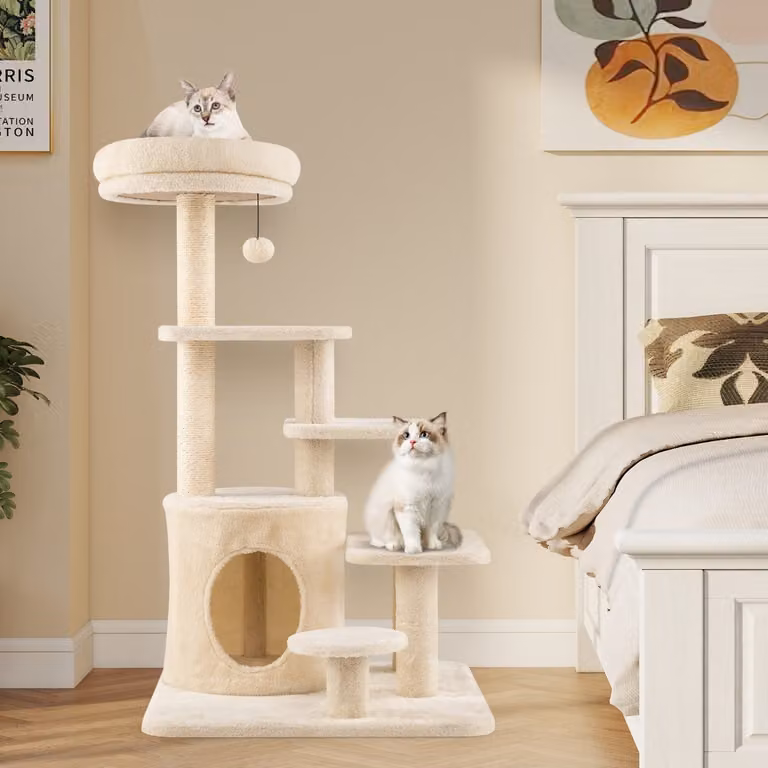 Albero per gatti Costway con posatoio, pallina e campanellino, in sisal, beige, Altezza: 102 cm