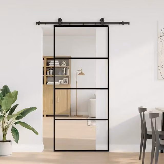 Porta Scorrevole Moderna vidaXL in Vetro e Alluminio Nero L: 90 cm, H: 205 cm