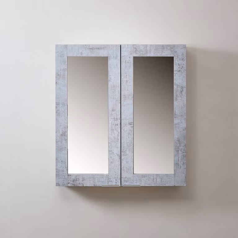 Mobiletto a Specchio da 900mm x 650mm Grigio Cemento - Completo di Maniglie con Impugnature a Dito Cromate - Cluo