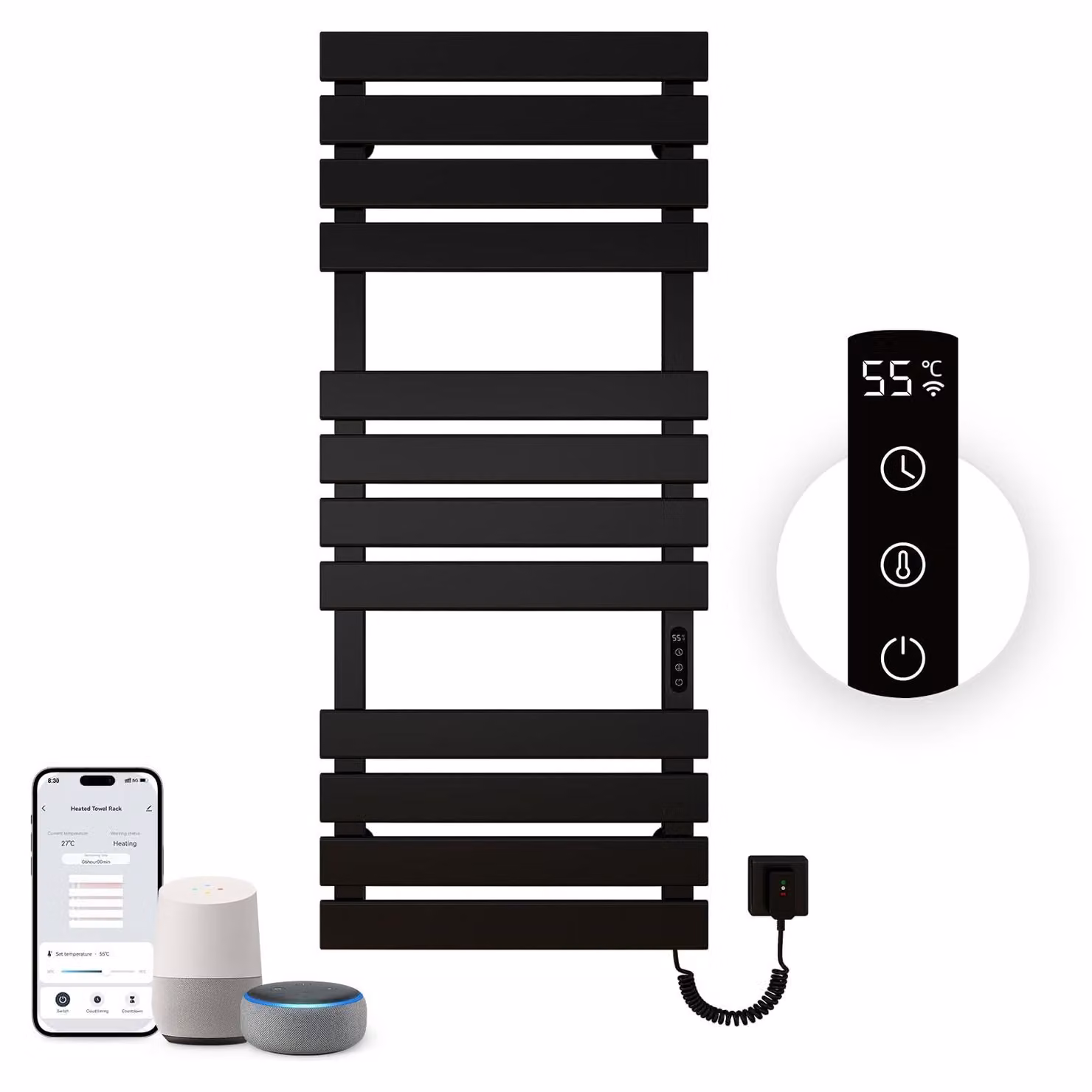 Asciugamani elettrico, dimensioni 1300x550 mm, con Wi-Fi, colore nero, potenza 526 W, dotato di timer