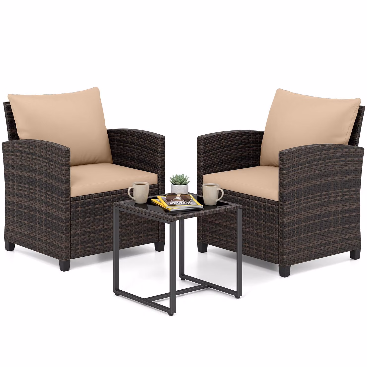 Set di mobili da giardino COSTWAY in polyrattan, mobili da balcone con 2 sedie con cuscini e tavolo in vetro, set da balcone per 2 persone, salottino da esterno marrone-kaki