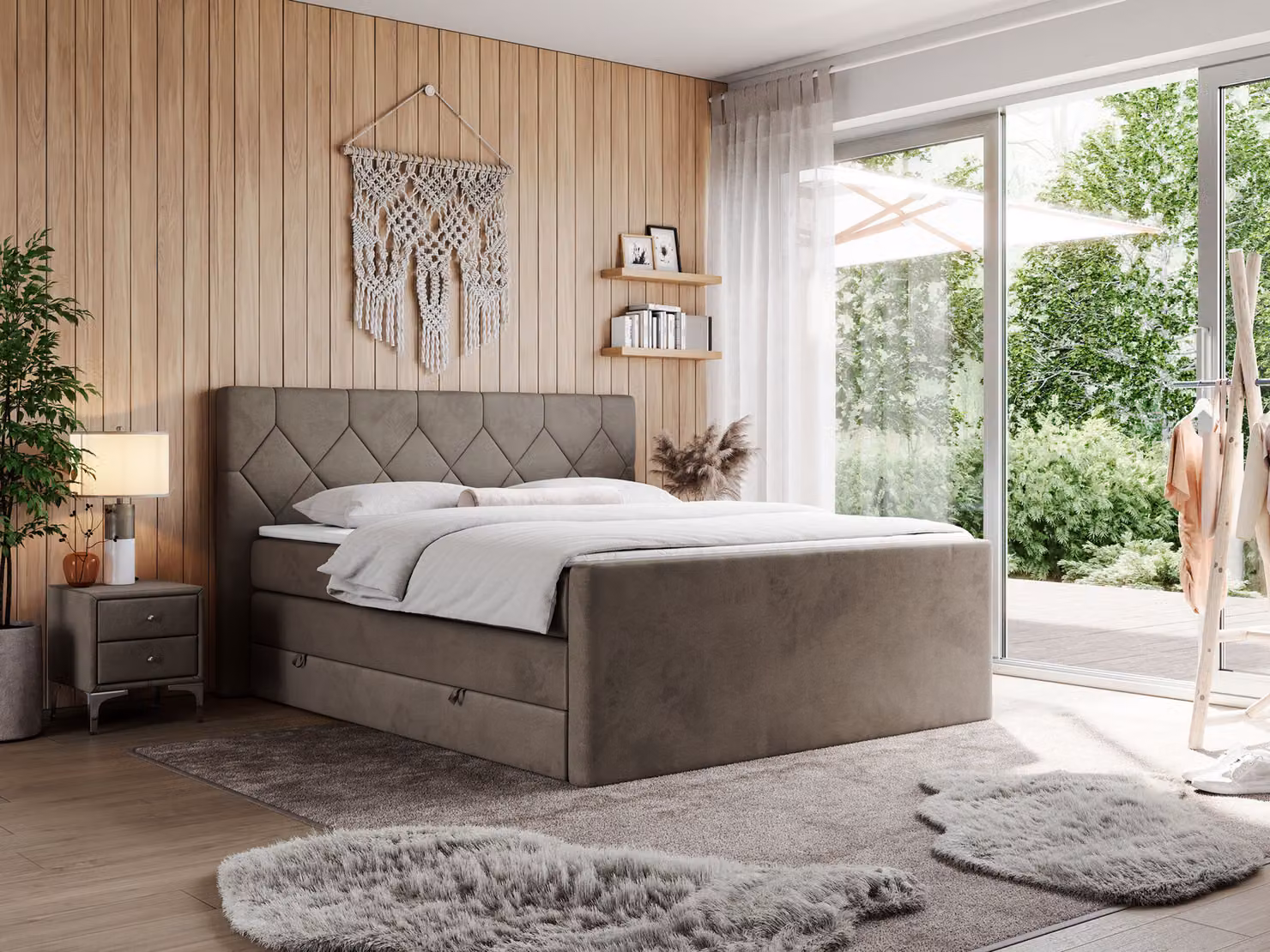 Letto boxspring con materasso matrimoniale, due cassetti portaoggetti e coprimaterasso, per camera da letto - KING EIGAR - 160x200 cm - Marrone - H3
